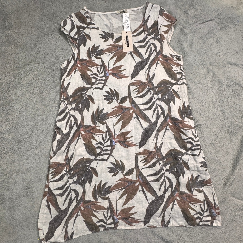 NWT Lungo‎ L'Armo 1X Linen Tropical Leaf Print Cap Sleeve Dress Made In Italy